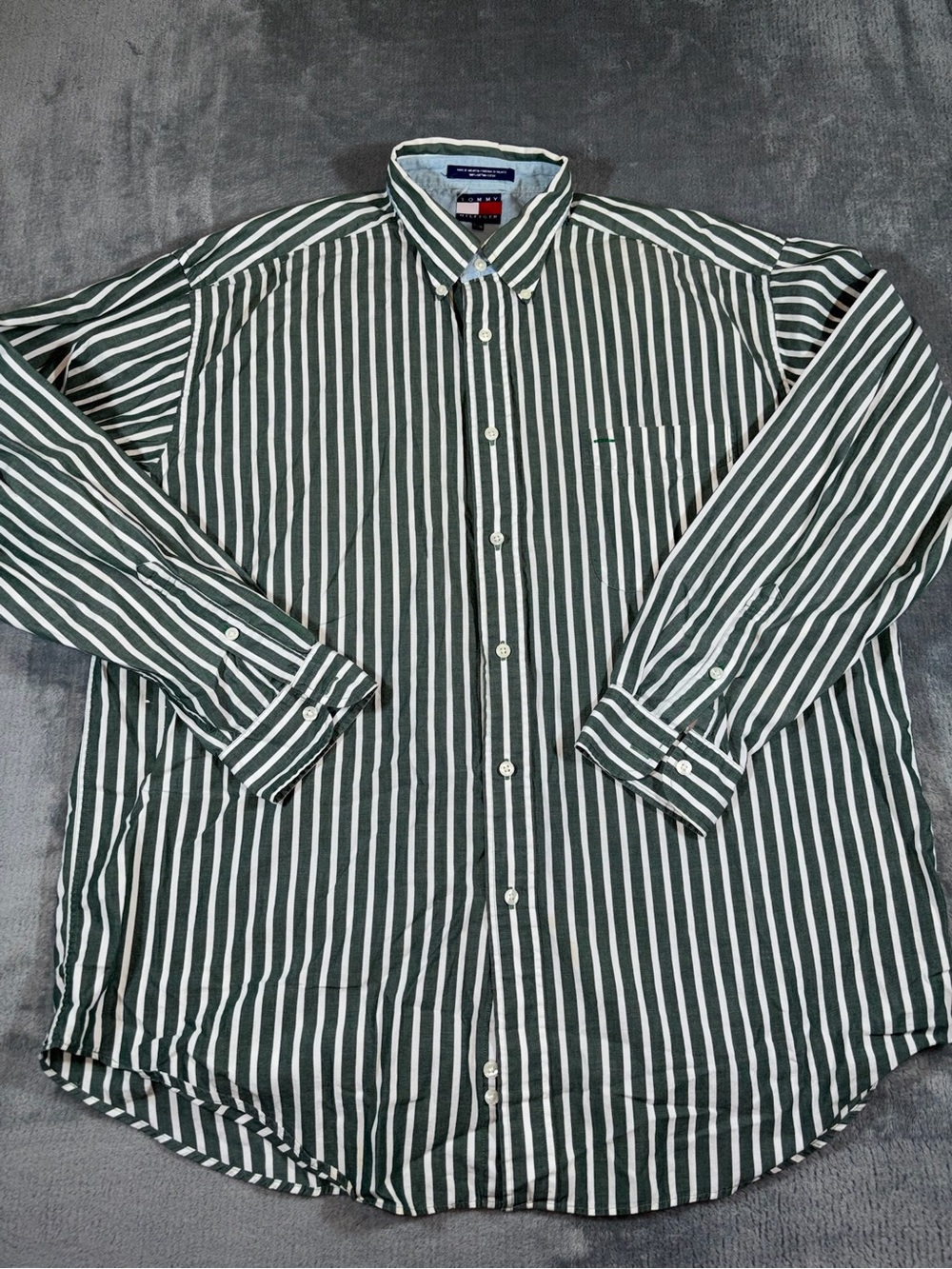Vintage Tommy Hilfiger Green and White Vertical Stripe Button-Down Shirt